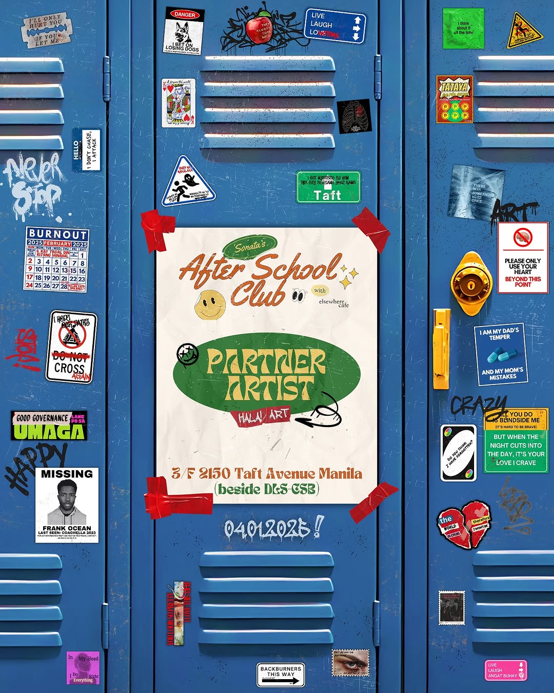 Blue school lockers covered in HALA!ART stickers